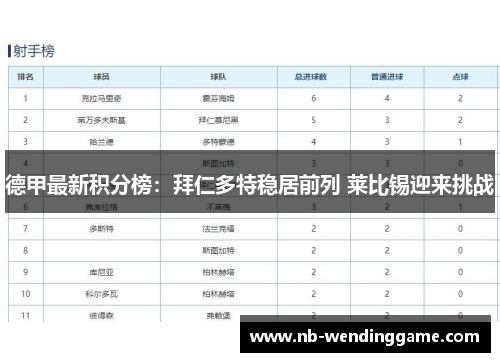 德甲最新积分榜：拜仁多特稳居前列 莱比锡迎来挑战