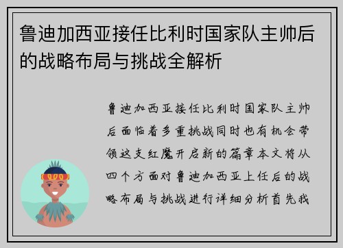 鲁迪加西亚接任比利时国家队主帅后的战略布局与挑战全解析